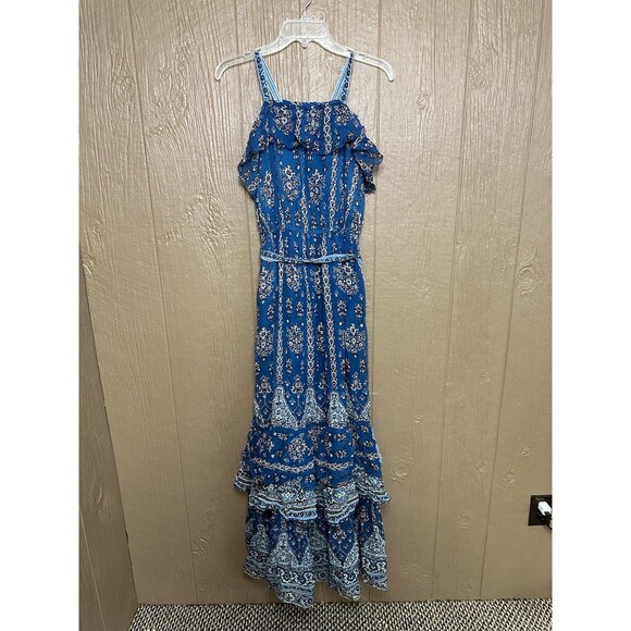 Anthropologie Sasha Ruffled Maxi Dress Size M Blue Paisley Print Halter Neck - Picture 2 of 8